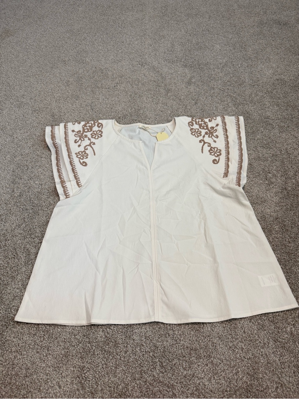 Jodifl Cream Embroidered Flutter Sleeve Blouse with Brown Floral Accents
